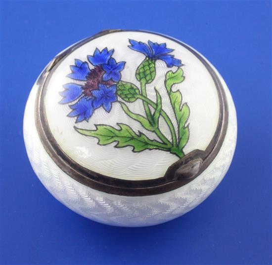 A late 19th century continental silver and guilloche enamel circular pill box,